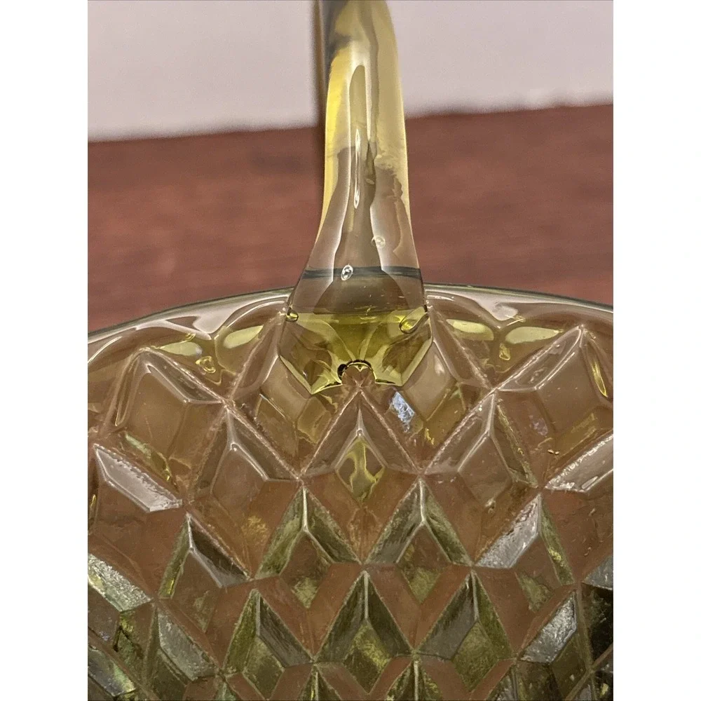 Vintage Viking Green Glass Basket Diamond‎ Cut Handle Scalloped Base Easter Plus